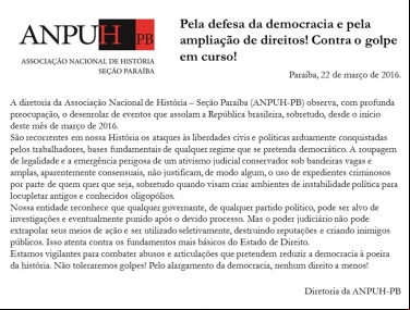 PELA DEFESA DA DEMOCRACIA E PELA AMPLIAÇÃO DE DIREITOS! CONTRA O GOLPE EM CURSO!