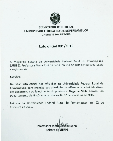 UFRPE DECRETA LUTO DE TRÊS DIAS POR FALECIMENTO DE DOCENTE