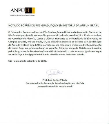 NOTA DO FÓRUM DE PÓS-GRADUAÇÃO EM HISTÓRIA DA ANPUH-BRASIL