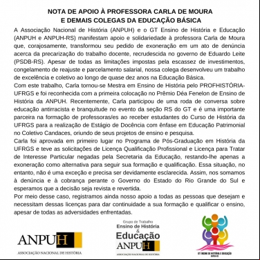 NOTA DE APOIO À PROFESSORA CARLA DE MOURA E DEMAIS COLEGAS DA EDUCAÇÃO BÁSICA
