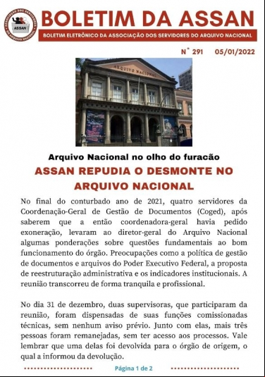 ASSAN REPUDIA O DESMONTE NO ARQUIVO NACIONAL