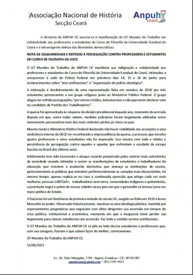 NOTA DE SOLIDARIEDADE E REPÚDIO À PERSEGUIÇÃO CONTRA PROFESSORES E ESTUDANTES DO CURSO DE FILOSOFIA DA UECE