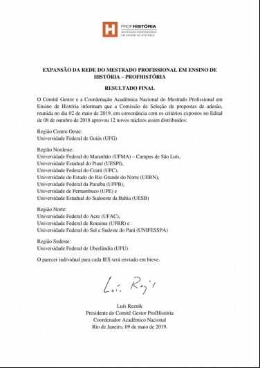 APROVAÇÃO DE NOVOS CURSOS DE MESTRADO DO PROFHISTÓRIA
