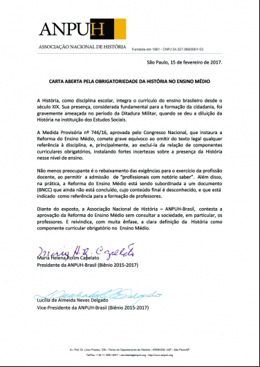 CARTA ABERTA PELA OBRIGATORIEDADE DA HISTÓRIA NO ENSINO MÉDIO