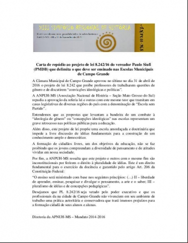 ANPUH-MS: NOTA DE REPÚDIO SOBRE A PROPOSTA DA &quot;ESCOLA SEM PARTIDO&quot; DA CÂMARA DE CAMPO GRANDE